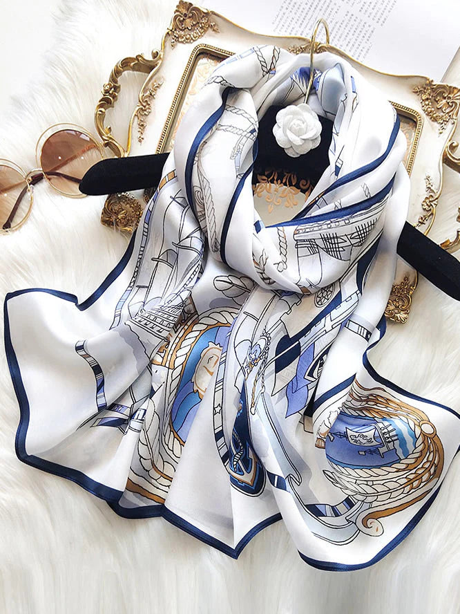 100% Mulberry Silk Printed Carriage Long Rectangle Shawl Scarf 170x53cm