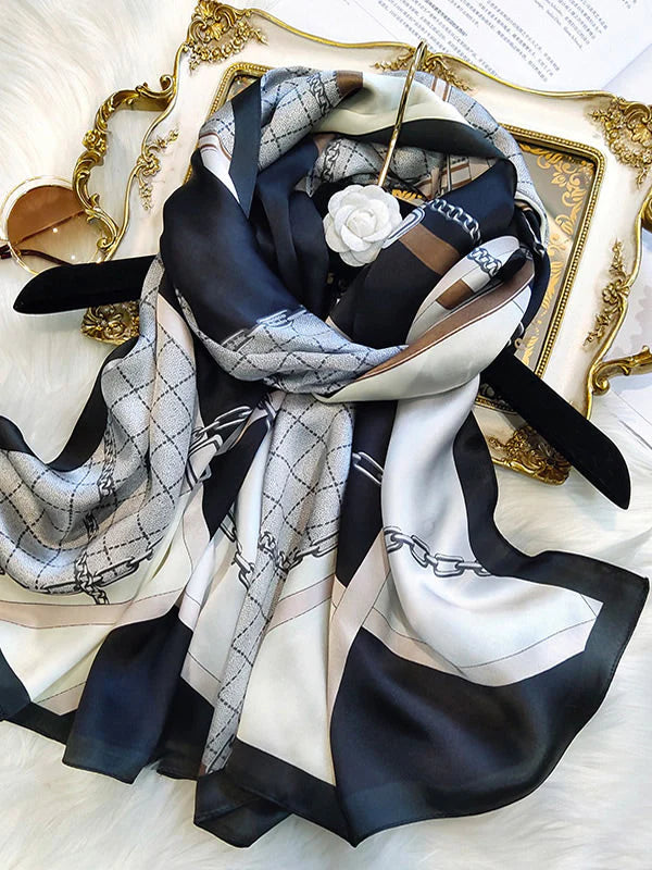 100% Mulberry Silk Printed Carriage Long Rectangle Shawl Scarf 170x53cm